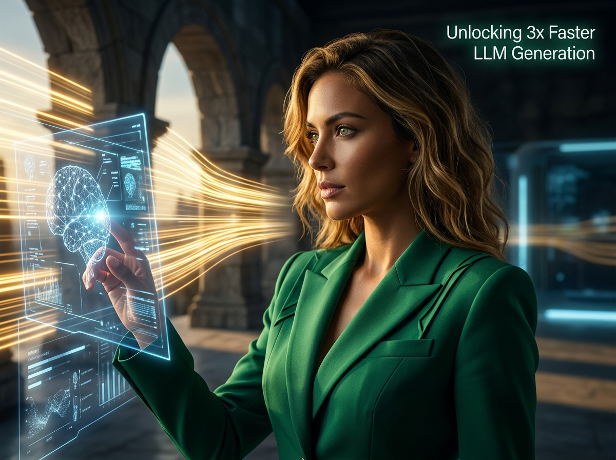 A beautiful woman in a green power suit optimizing a speculative decoding LLM interface for faster LLM inference. Speculative decoding LLM