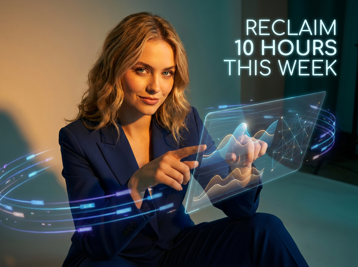 Beautiful woman pointing at a glowing holographic interface in a navy power suit representing Grok Bot productivity. use Grok Bot to drive productivity